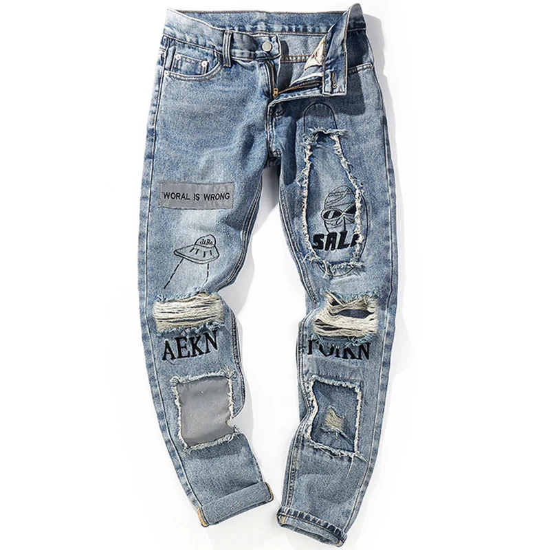 Euramerican popular fashion men high street guys ripped straight printing cut up jeans with holes, Light blue
Euramerican popular fashion men high street guys ripped straight printing cut up jeans with holes, Light blue