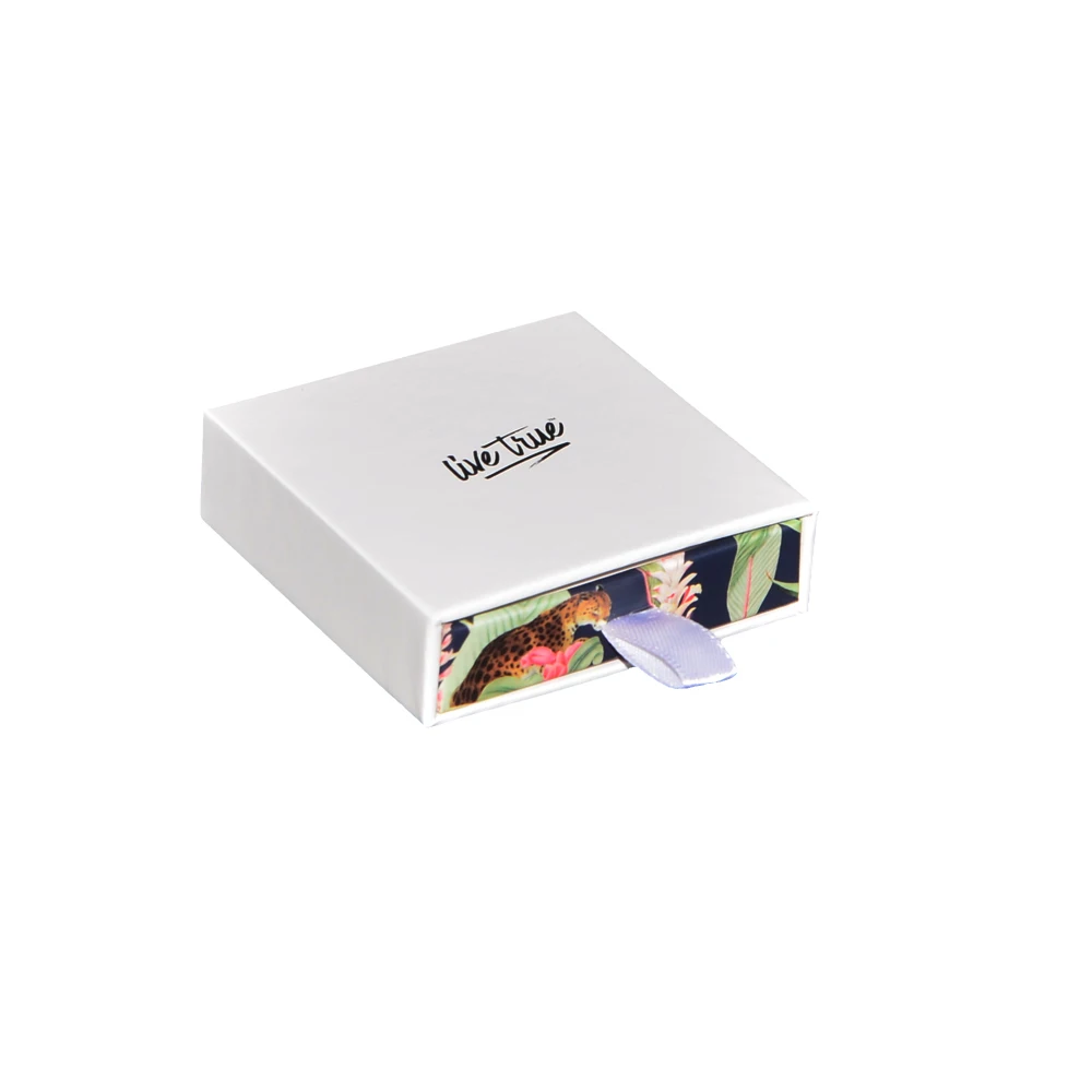 custom chipboard jewelry drawer box with pull out ribbon and