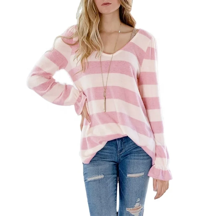 Trendy Long Sleeve V-neck Tops Women Casual Loose T-shirt Ladies Striped T-shirt, Accept customized color
Trendy Long Sleeve V-neck Tops Women Casual Loose T-shirt Ladies Striped T-shirt, Accept customized color