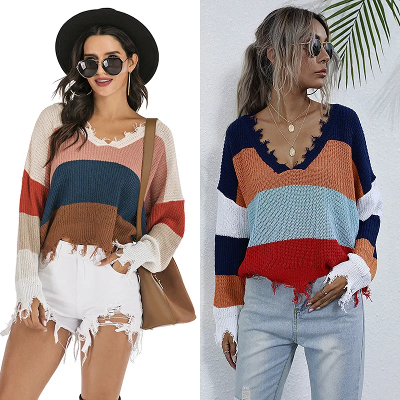 2021 Fall Women Color Block Clothing Acrylic Casual Patchwork Distressed Pullover knitted Sweater
2021 Fall Women Color Block Clothing Acrylic Casual Patchwork Distressed Pullover knitted Sweater