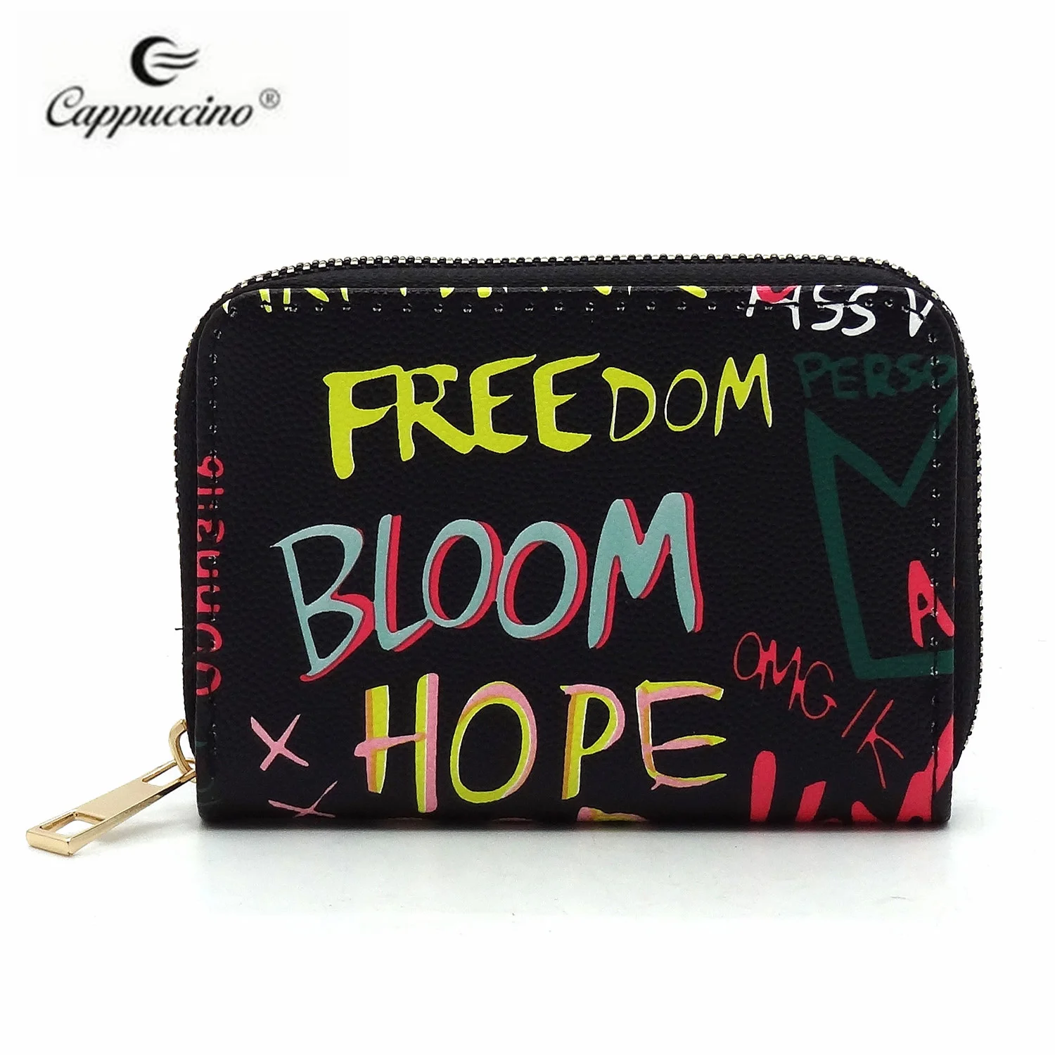 

Amazon hot style female Multi Graffiti Print card bag Faux vegan leather fashion zipper mini card bag case wallet, 5 colors