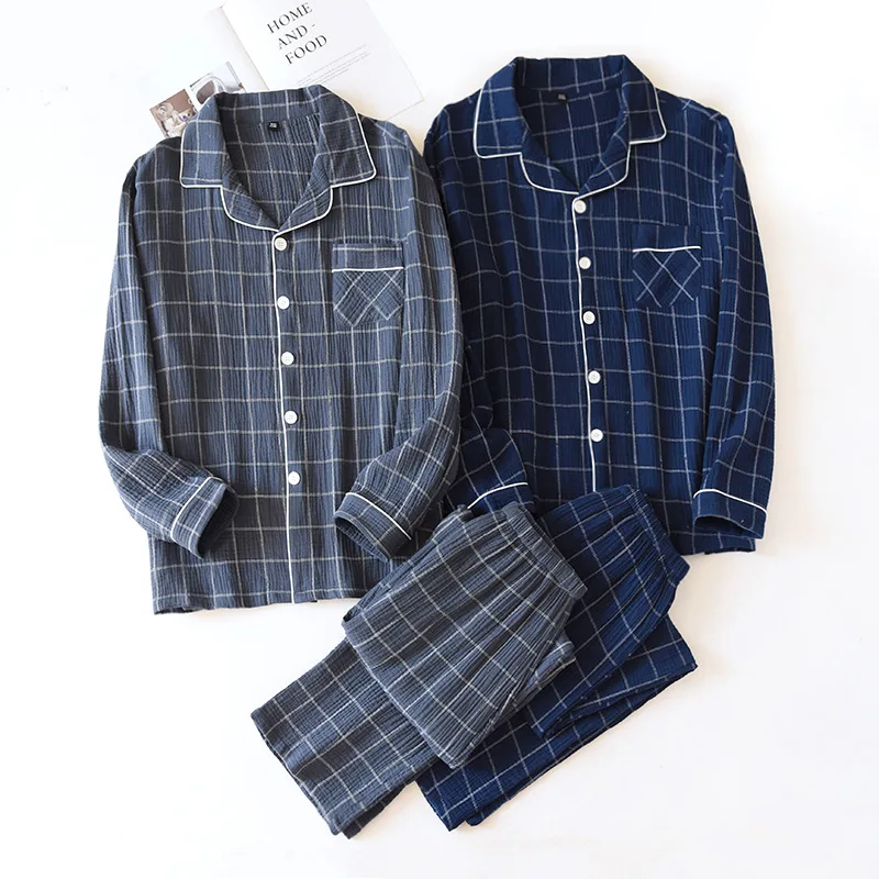 Spring and autumn cotton Japanese Plaid men's washing gauze crepe thin cardigan home wear long sleeve trousers pajamas suit
Spring and autumn cotton Japanese Plaid men's washing gauze crepe thin cardigan home wear long sleeve trousers pajamas suit