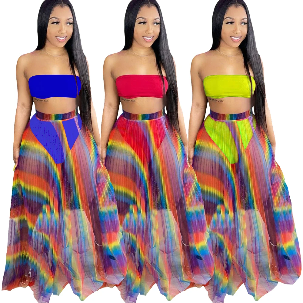 Womens Sexy Two Piece Outfits Rainbow Multi-Color Gradient Mesh See Through Strapless Tube Crop Top Romper Skirt Sets Maxi Dress
Womens Sexy Two Piece Outfits Rainbow Multi-Color Gradient Mesh See Through Strapless Tube Crop Top Romper Skirt Sets Maxi Dress