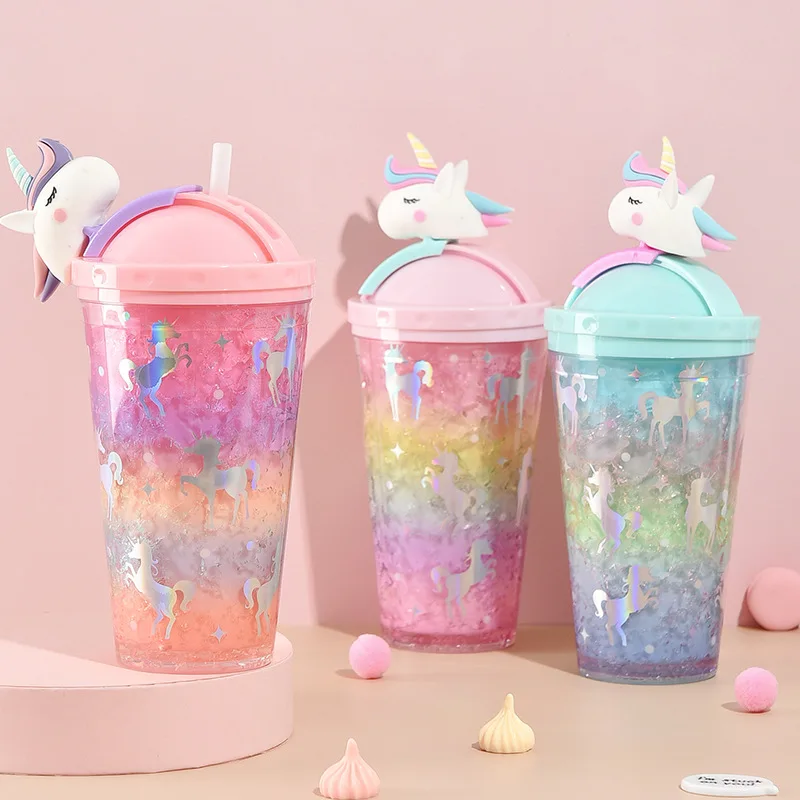 

Cheap colorful 450ml girls unicorn glitter juice milk tumbler kawaii double wall plastic cold drink ice cream cup with straw, Customized color