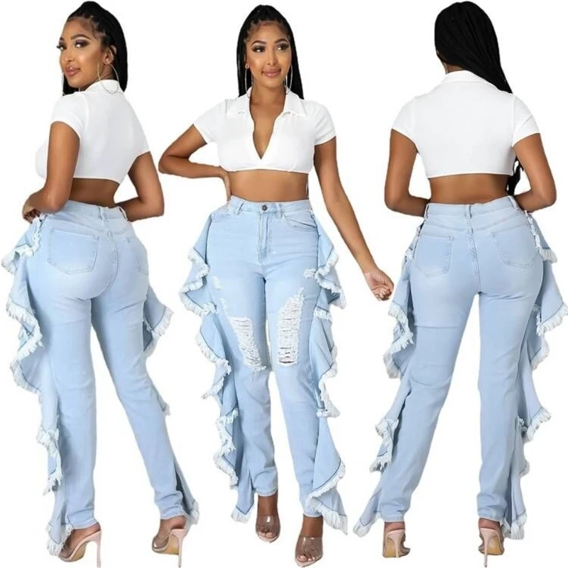 Plus Size Women Jeans Fashion Skinny Light Blue Denim Pants Ruffle Tassels Wash Holes Sexy Jeans
Plus Size Women Jeans Fashion Skinny Light Blue Denim Pants Ruffle Tassels Wash Holes Sexy Jeans