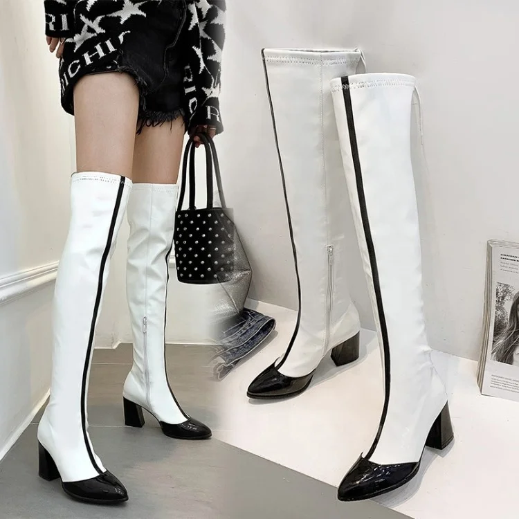 Wholesale Patent Leather Women Dress Shoes Black White Red Patchwork Pointed Toe High Boots Chunky Square Middle Knee Boots
Wholesale Patent Leather Women Dress Shoes Black White Red Patchwork Pointed Toe High Boots Chunky Square Middle Knee Boots