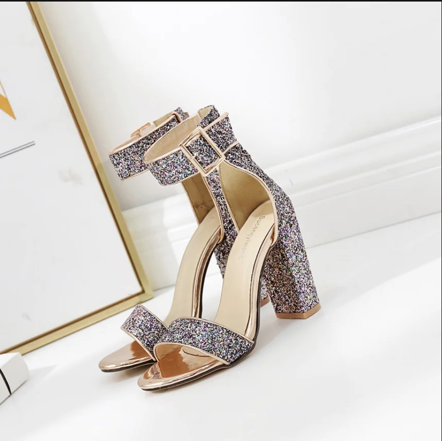 101087 New thick heel Sequin ankle buckle with open toe high heel sandals for women
101087 New thick heel Sequin ankle buckle with open toe high heel sandals for women