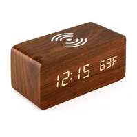 

Wood QI Wireless Phone Charger charging LED Calendar Time Temperature Voice Control Brightness Adjustable Digital Alarm Clock