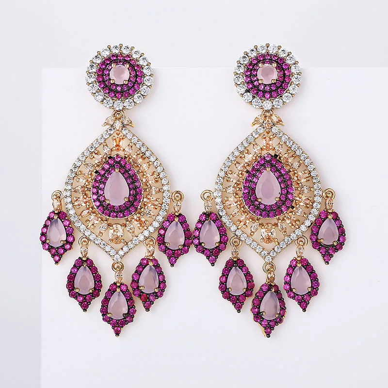 

Gorgeous Large Tassel Drop earrings Full Pave Cubic Zirconia CZ Earrings for Women Wedding Jewellery, Rose