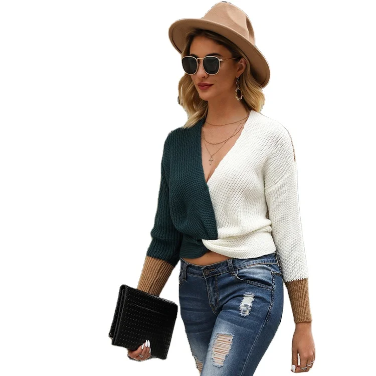 Color blocking twist fashion sweater woman Knitted V-neck pullover stitching short sweater
Color blocking twist fashion sweater woman Knitted V-neck pullover stitching short sweater