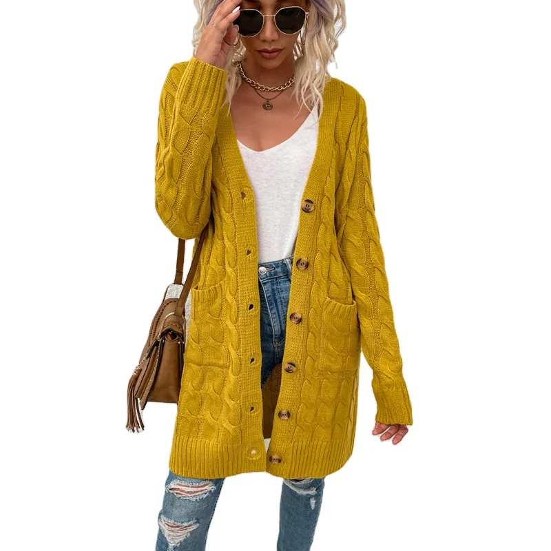 2022 Loose Open Front Twist Button Large Pockets Knitted Womens Cardigan Casual Sweaters