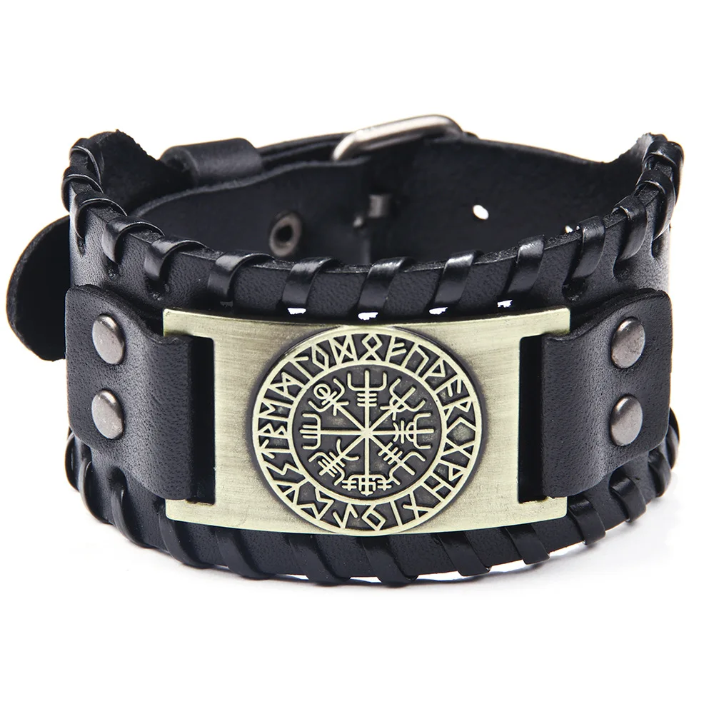 

The Viking Compass Vegvisir Bracelets Adjustable Metal Buckle Wide Genuine Leather Cuff Bracelet CLLB100, As the pictures