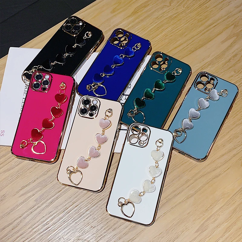 Phone Accessories Luxury TPU Plating Heart Phone Cases with Bracelet For Girls Full Protective Phone Cover for iPhone 13 Pro max, 7 colors
Phone Accessories Luxury TPU Plating Heart Phone Cases with Bracelet For Girls Full Protective Phone Cover for iPhone 13 Pro max, 7 colors
