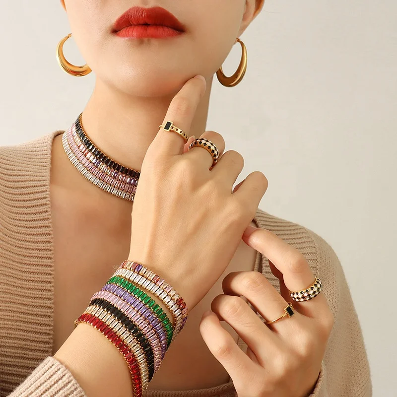 Wholesale Women Jewelry 18K Gold Plated Stainless Steel Rainbow Colorful Baguette Diamond Tennis Bracelet, As piture
Wholesale Women Jewelry 18K Gold Plated Stainless Steel Rainbow Colorful Baguette Diamond Tennis Bracelet, As piture