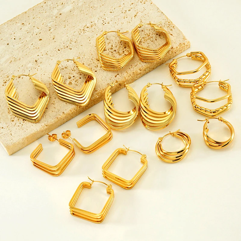 Trendy Stainless Steel 18k Gold Plated Multi Layer Huggie Hoop Earrings Women Hollow Geometric Earrings Jewelry For Gift
Trendy Stainless Steel 18k Gold Plated Multi Layer Huggie Hoop Earrings Women Hollow Geometric Earrings Jewelry For Gift