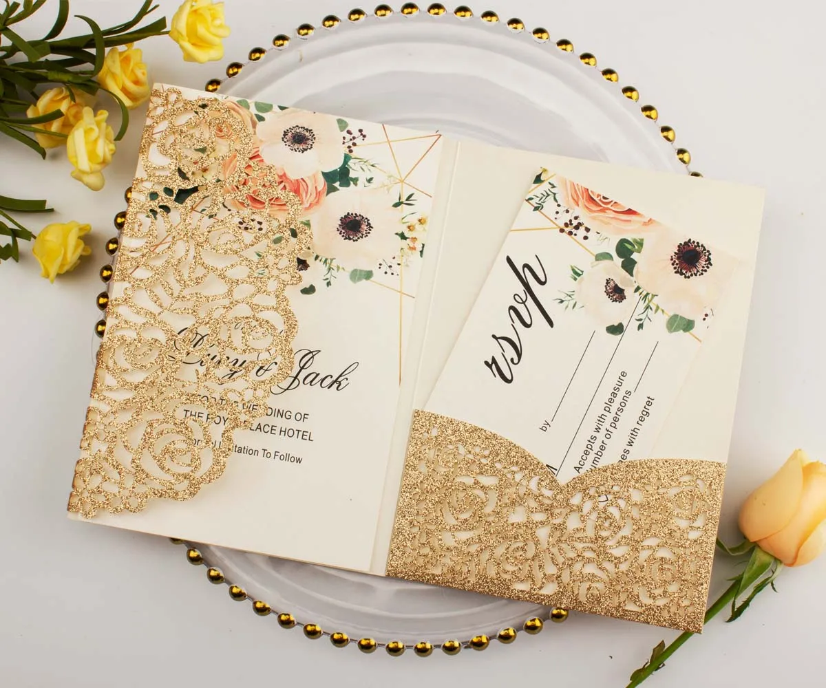 elegant rose gold glitter powder pocket wedding invitation card