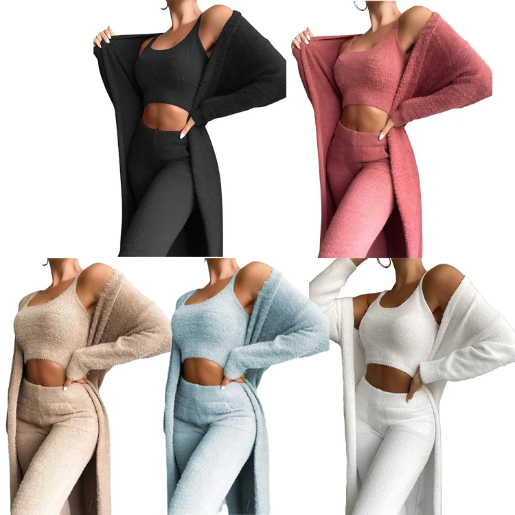 Low MOQ wholesale Fuzzy Fleece Long Robe Loungewear sleeveless top And Pockets Trousers 3 Piece loungewear women sets
Low MOQ wholesale Fuzzy Fleece Long Robe Loungewear sleeveless top And Pockets Trousers 3 Piece loungewear women sets