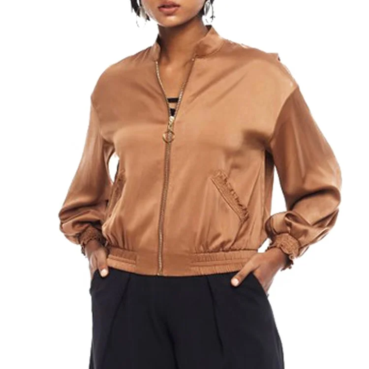 Fall clothes New design high quality fashion zipper ladies women Silk bomber jacket, Customized color
Fall clothes New design high quality fashion zipper ladies women Silk bomber jacket, Customized color