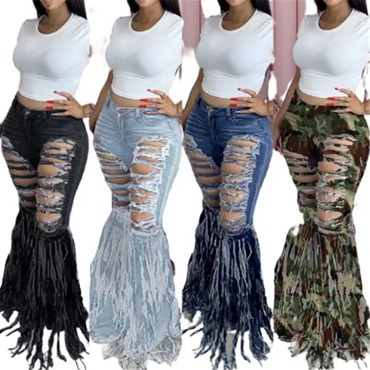 

Fashionable Fringed Brushed Denim Trousers Trendy Women Clothing 2021 Sexy High Waists Bell Bottom Pants