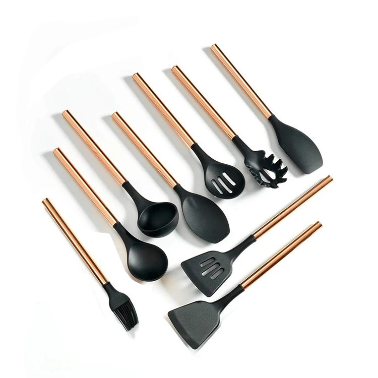 New Popular Silicone kitchen tools 9pcs rose gold handle Silicone Utensil Set, Rose gold and black
New Popular Silicone kitchen tools 9pcs rose gold handle Silicone Utensil Set, Rose gold and black