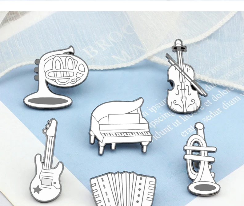 

New Arrival Music Lover Enamel Pins Elegant White Accordion Piano Violin Guitar Brooches Women Men Lapel Pin Badges Jewelry Gift