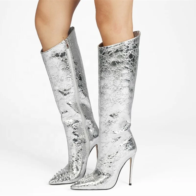2021 Pointy Toe Women Boots Silver Calf High Patent Leather High-heeled Shoes Rivet Decor Knee High Boots Side Zipper, Red gold silver
2021 Pointy Toe Women Boots Silver Calf High Patent Leather High-heeled Shoes Rivet Decor Knee High Boots Side Zipper, Red gold silver