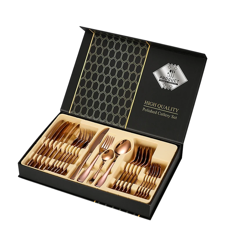 

Wholesale luxury restaurant hotel wedding 24pcs knife fork spoon sets 304 stainless steel black gold cutlery flatware set
