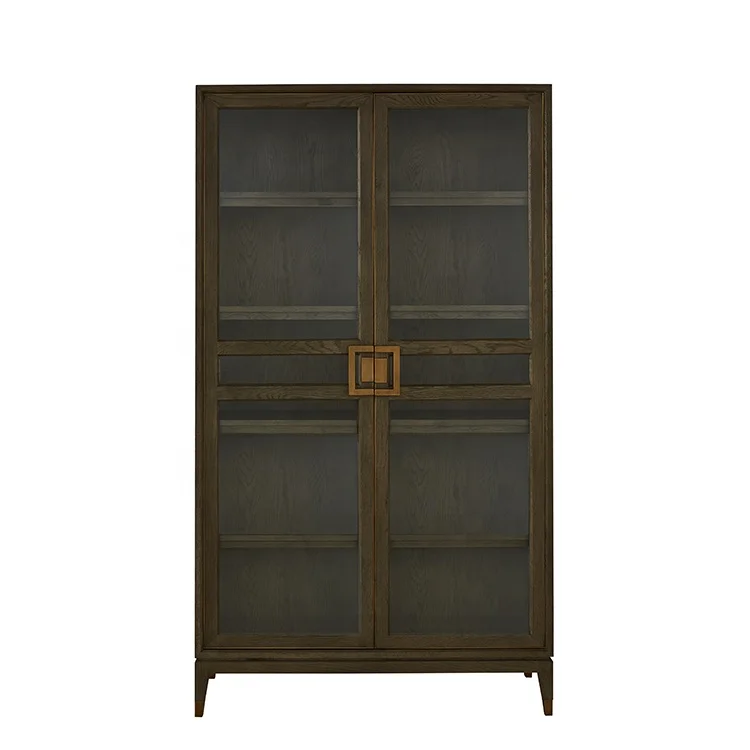 Glass door large natural solid oak wooden bookcase furniture