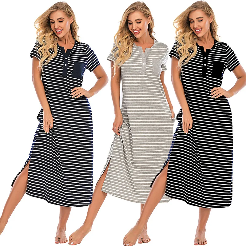 Wholesale High fashion ladies pajamas Comfortable round neck loose short sleeve Striped cotton nightdress, 3 colors
Wholesale High fashion ladies pajamas Comfortable round neck loose short sleeve Striped cotton nightdress, 3 colors