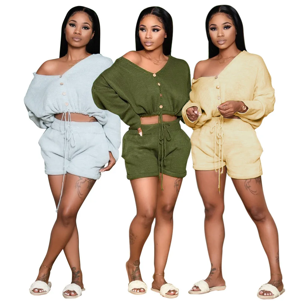 Wholesale v Neck Pullover Lace Bandage Tracksuit Shorts Buttons Outfits Solid Color Long Sleeve Two Piece Pants Set, Shown
Wholesale v Neck Pullover Lace Bandage Tracksuit Shorts Buttons Outfits Solid Color Long Sleeve Two Piece Pants Set, Shown