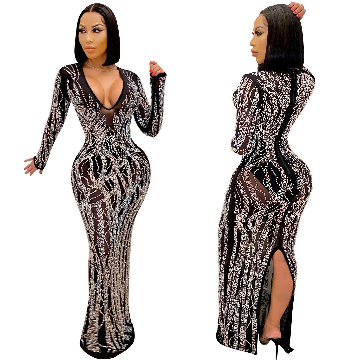 Sexy Black Deep V Neck See Through Rhinestones Maxi Party Dress Women Bodycon Club Evening Gown Plus Size Prom Dresses
Sexy Black Deep V Neck See Through Rhinestones Maxi Party Dress Women Bodycon Club Evening Gown Plus Size Prom Dresses