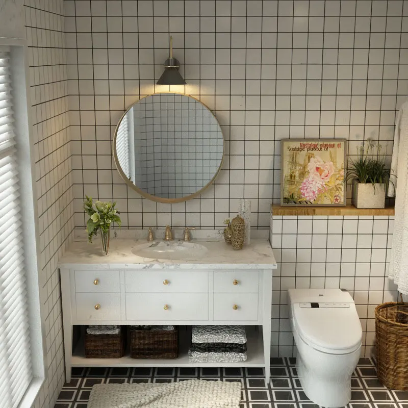 European style bathroom vanity combination round mirror solid wood floor American-style bathroom sink  toilet sink washbasin