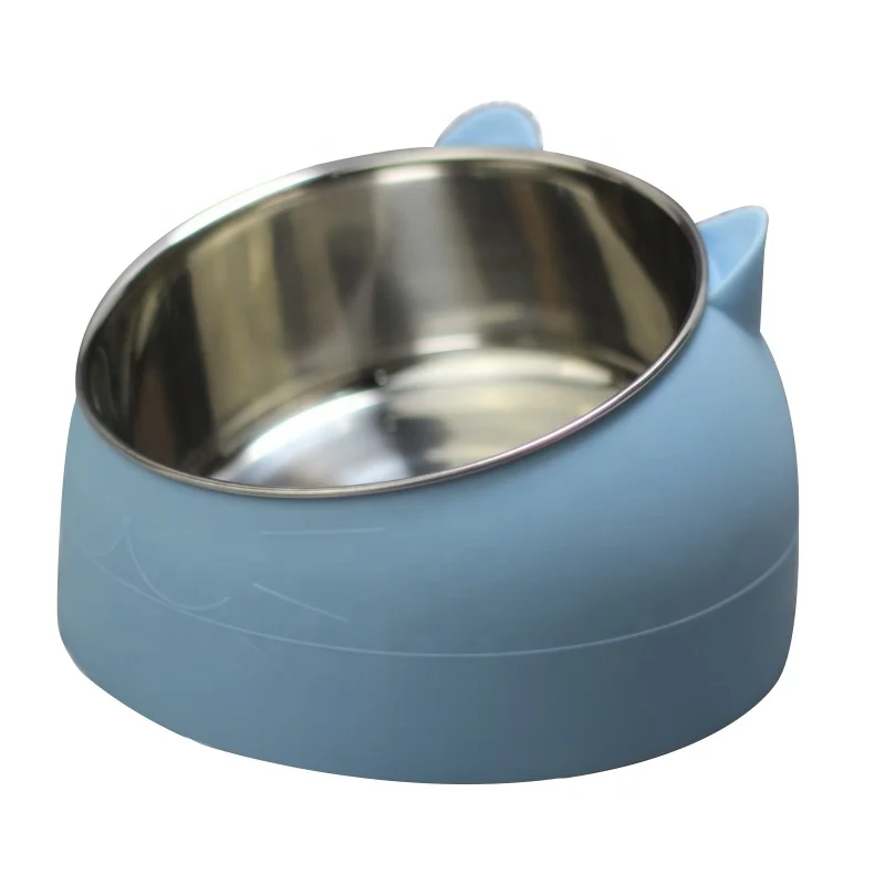 

Hot Sale Lovely Shape Stainless Steel Oblique Mouth Protect Spine Cervical Double Bowl Pet Water Dispenser For Cats And Dogs, Blue and black and pink and white and green