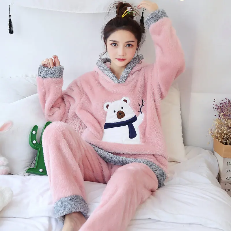 Winter Christmas Pajama Women Cartoon Polar bear Sleepwear Hooded Flannel Pajamas Warm Thick
Winter Christmas Pajama Women Cartoon Polar bear Sleepwear Hooded Flannel Pajamas Warm Thick