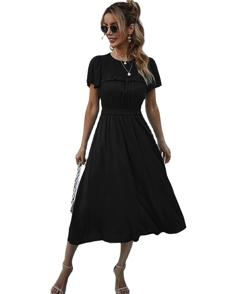 Elegant design smocked shoulder design high waist elastic A line big hemline solid color soft silk women casual dresses
Elegant design smocked shoulder design high waist elastic A line big hemline solid color soft silk women casual dresses