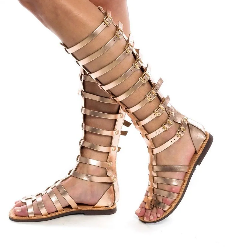 

Knee-high cut out flat gladiator sandals for women summer vacation multi buckle detail peep toe back zipper ladies shoes
