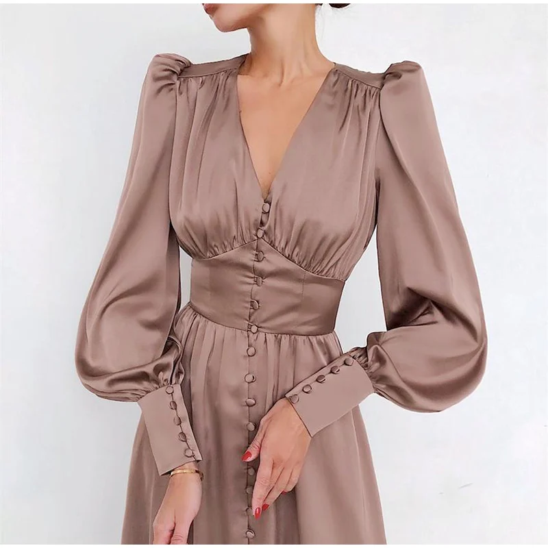 Wholesale Spring New Women Lady Elegant V Neck Lantern Sleeve Casual Dress A-line Button Partyh Dresses satin silk maxi dress, Picture color
Wholesale Spring New Women Lady Elegant V Neck Lantern Sleeve Casual Dress A-line Button Partyh Dresses satin silk maxi dress, Picture color