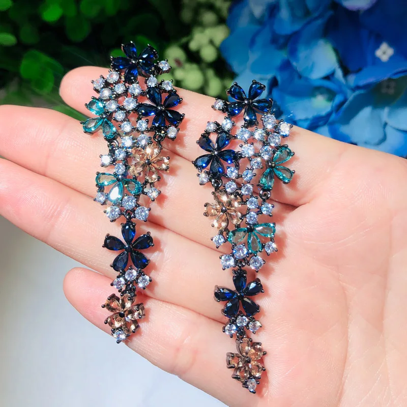 

Elegant Long Dangle Drop Flower Multi Color Blue Cubic Zirconia Earrings for Women Fashion Statement Wedding Party Jewelry