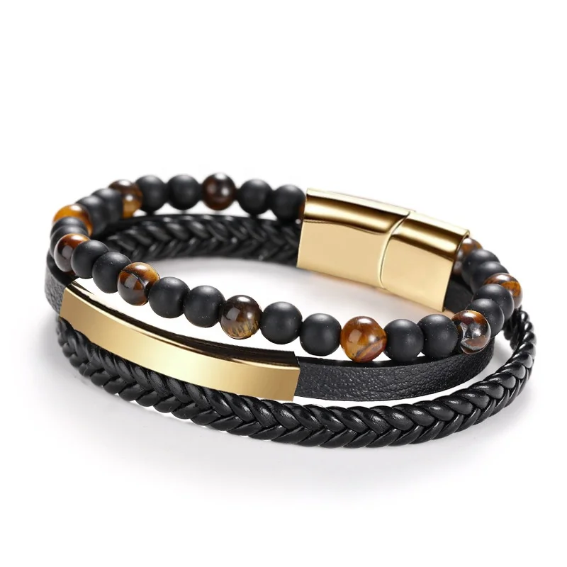 

Hot Sale Multilayer Gold Plating Stainless Steel Magnetic Clasp Braiding Leather Lava Volcanic Bead Leather Bracelet For Men, As the pictures show