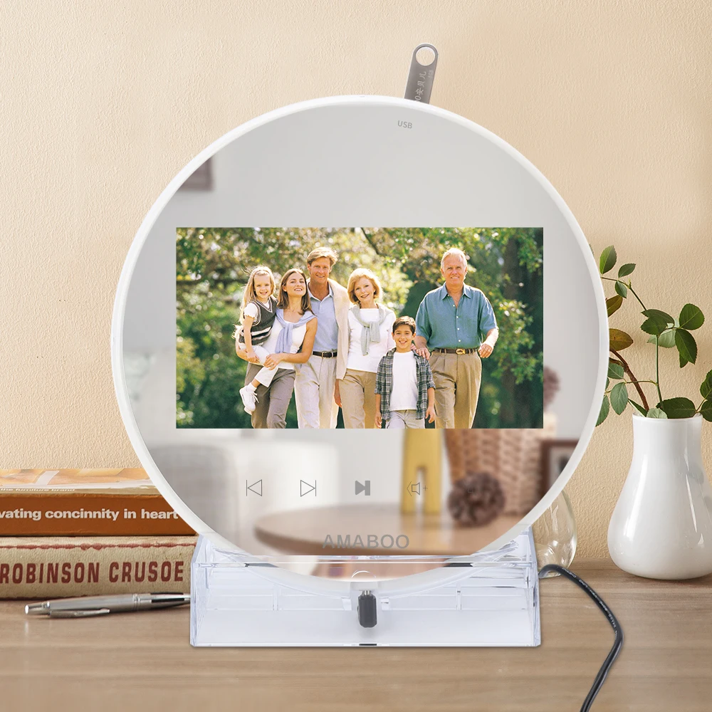 AMABOO 7 inch LCD round magic mirror digital photo picture video frame, Black white blue
AMABOO 7 inch LCD round magic mirror digital photo picture video frame, Black white blue