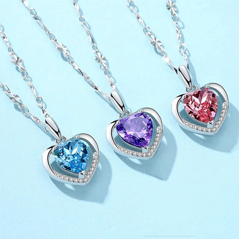Fashion 925 Sterling Silver Jewelry Crystal Zircon Necklaces Women Heart Diamond Pendant Necklace, Pink, purple, blue
Fashion 925 Sterling Silver Jewelry Crystal Zircon Necklaces Women Heart Diamond Pendant Necklace, Pink, purple, blue