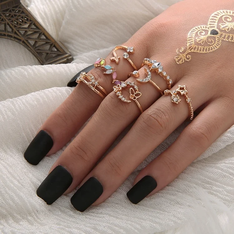 Simple color diamond butterfly flower ring gold plated moon star full finger ring set, Picture shows
Simple color diamond butterfly flower ring gold plated moon star full finger ring set, Picture shows