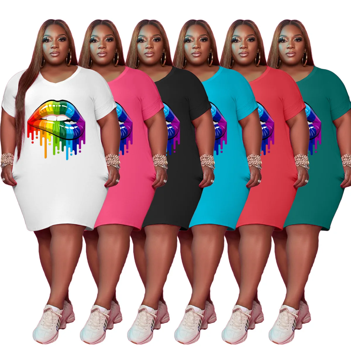 Simple Plus Size Dress & Skirts Short Sleeve Oversized T Shirt Dress With Side Pockets Casual Lips Print Spring Casual Dresses, White, pink, red, green, light blue, black
Simple Plus Size Dress & Skirts Short Sleeve Oversized T Shirt Dress With Side Pockets Casual Lips Print Spring Casual Dresses, White, pink, red, green, light blue, black