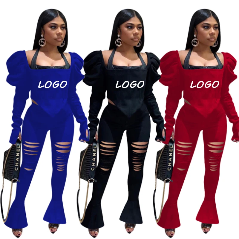 Puff Sleeve Women Sexy Two Piece Pants Set Ripped Women Set Flare Pants Outfits 2 Piece Set
Puff Sleeve Women Sexy Two Piece Pants Set Ripped Women Set Flare Pants Outfits 2 Piece Set