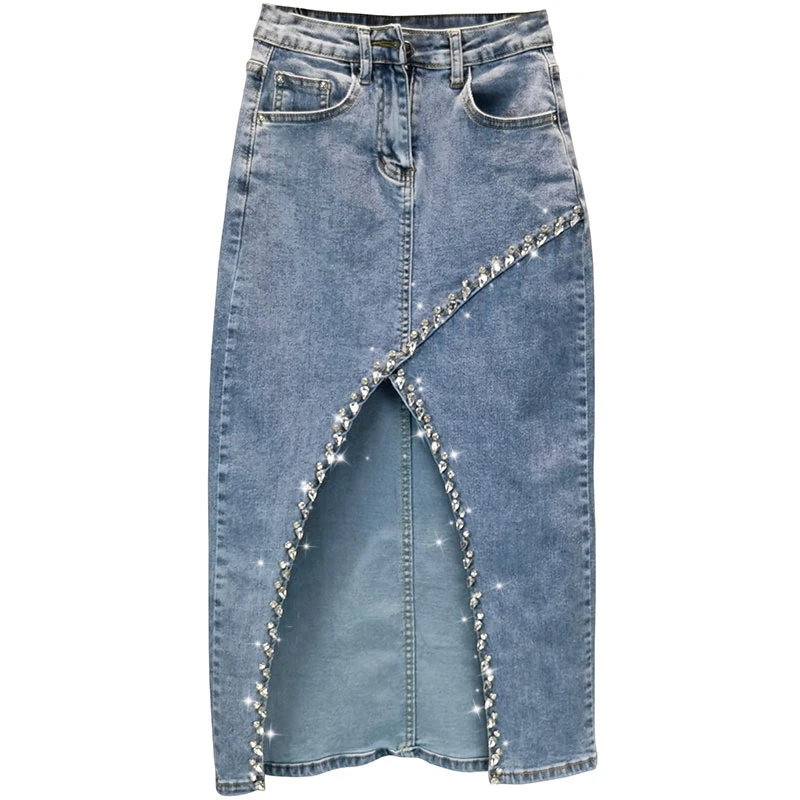 New Women's Summer High Waist Slim Front Slit Midi Jeans Skirt Beaded Diamond Irregular A-line Short Denim Skirt
New Women's Summer High Waist Slim Front Slit Midi Jeans Skirt Beaded Diamond Irregular A-line Short Denim Skirt