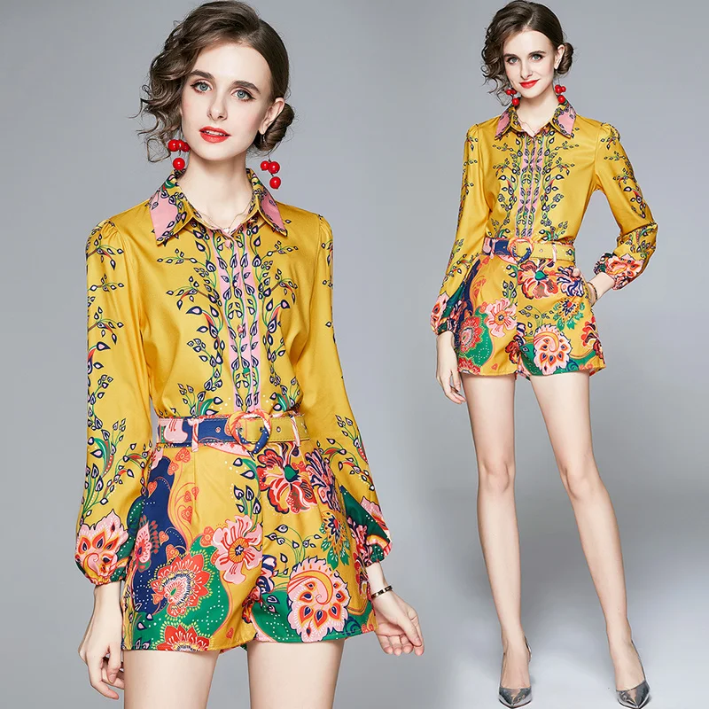 Women Fashion Turn Down Collar Long Sleeve Vintage Print Button Shirt with wide Leg Shorts Two-piece Set
Women Fashion Turn Down Collar Long Sleeve Vintage Print Button Shirt with wide Leg Shorts Two-piece Set