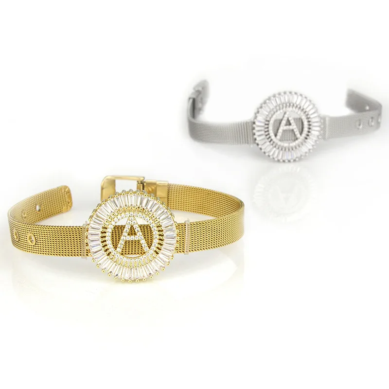 Disc Zircon Alphabet Watch Bracelet Gold Plated Trendy Titanium Steel Round CZ Initial Letter Charm Rope Watch Strip Bracelet
Disc Zircon Alphabet Watch Bracelet Gold Plated Trendy Titanium Steel Round CZ Initial Letter Charm Rope Watch Strip Bracelet