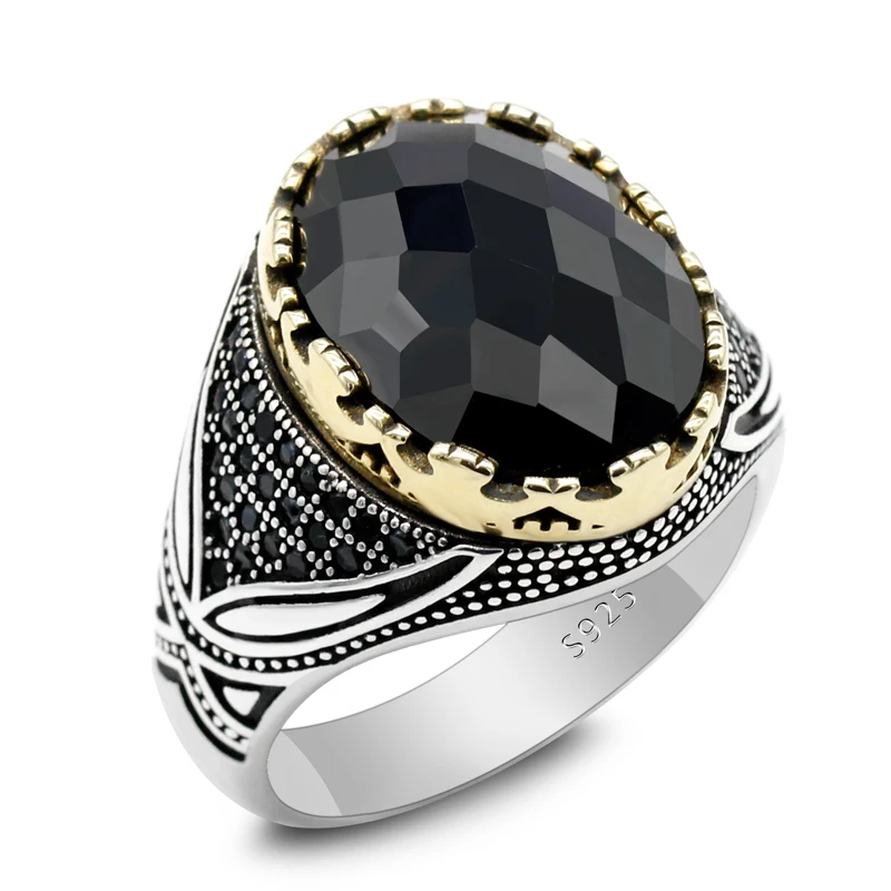 

S925 Sterling Silver Ring Set with Black Zircon Men's Ring Fashion Jewelry Ring Turkey Retro Style Wholesale and Retail