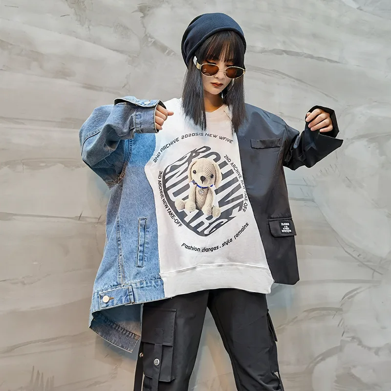 Fashion Suit Sleeves Denim Bear Print Sweatshirts Women's Cartoon Print Round Neck Long Sleeve Sweatshirt, Gray/blue
Fashion Suit Sleeves Denim Bear Print Sweatshirts Women's Cartoon Print Round Neck Long Sleeve Sweatshirt, Gray/blue