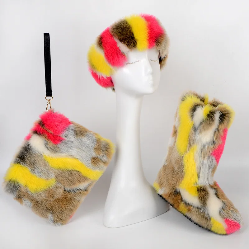 Hot sale furry colorful faux fur shearling women's fur snow boots with headband and bag, Customized color
Hot sale furry colorful faux fur shearling women's fur snow boots with headband and bag, Customized color